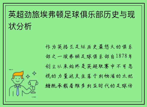 英超劲旅埃弗顿足球俱乐部历史与现状分析