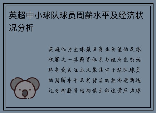 英超中小球队球员周薪水平及经济状况分析