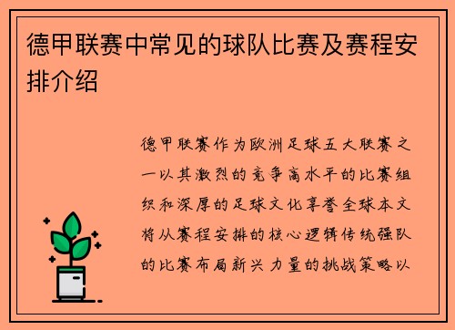 德甲联赛中常见的球队比赛及赛程安排介绍
